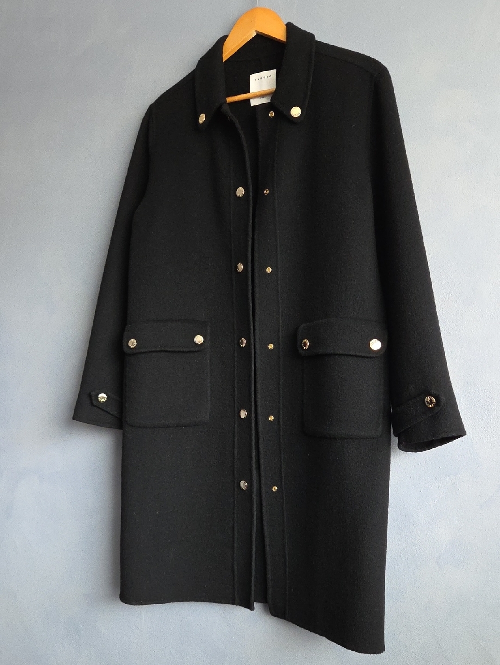 SANDRO PARIS BLACK WOOL BLEND, GOLD SNAPS MID LENGTH JACKET SIZE 38, EUC - Picture 3 of 15